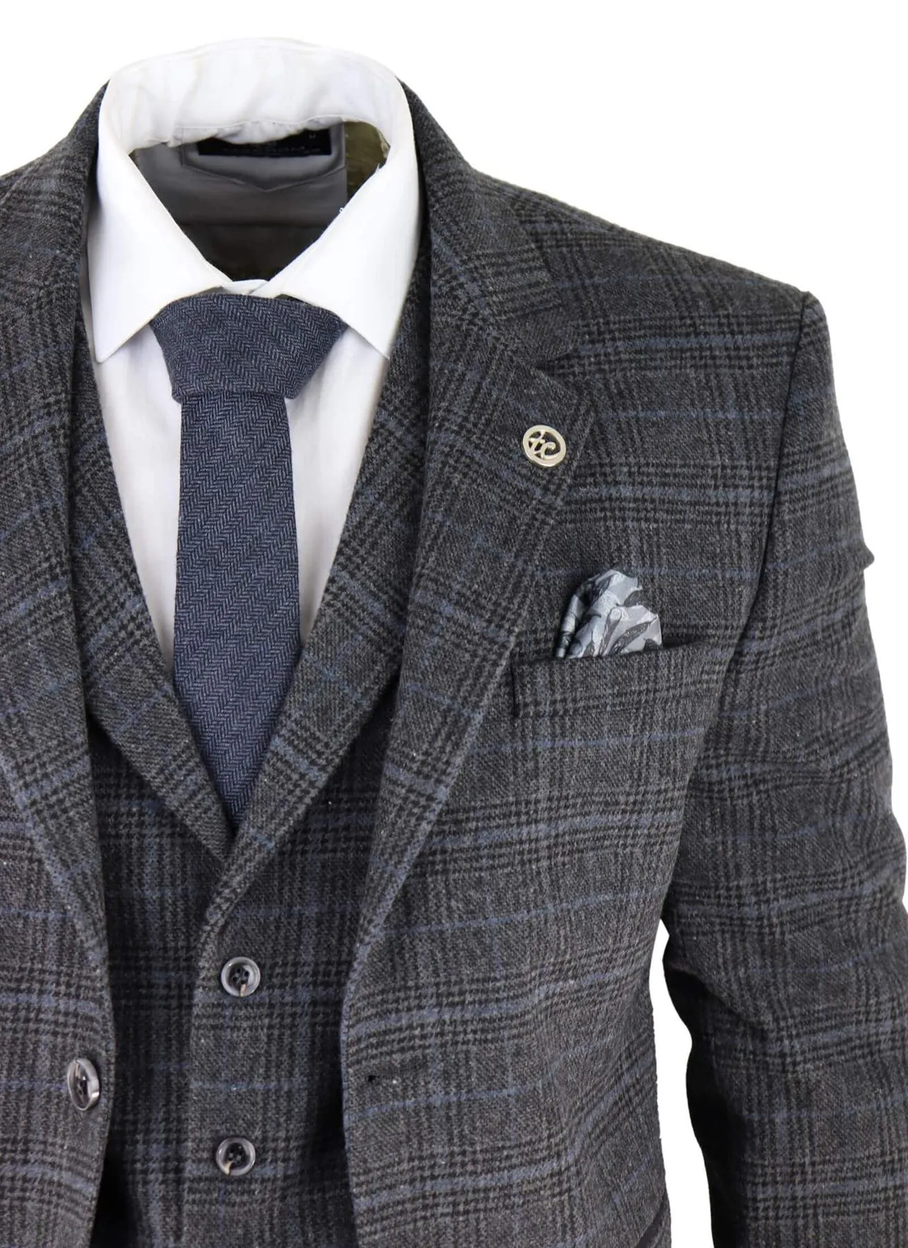 Mens Grey Check 3 Piece Tweed Suit Peaky Blinders 1920s Gatsby Tailored Fit