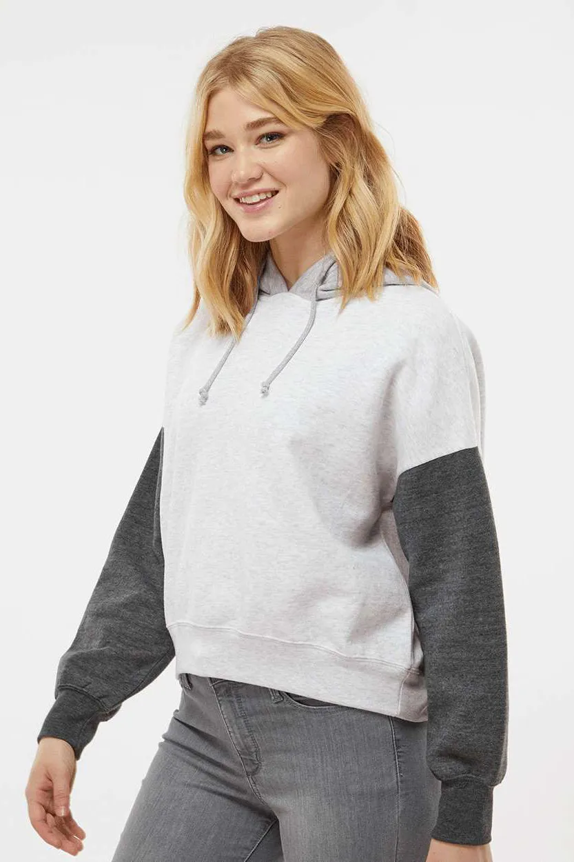 MV Sport Womens Sueded Fleece Colorblock Crop Hooded Sweatshirt Hoodie - Charcoal Grey