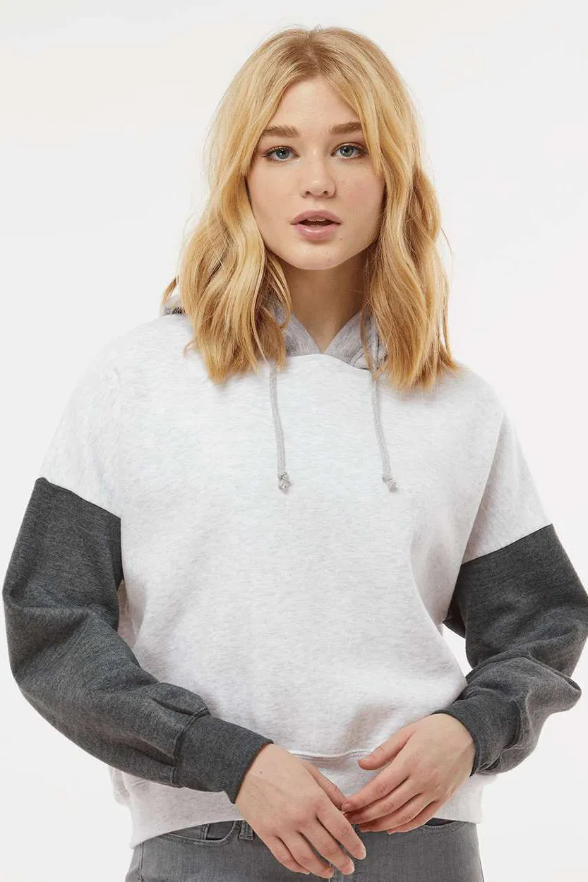MV Sport Womens Sueded Fleece Colorblock Crop Hooded Sweatshirt Hoodie - Charcoal Grey