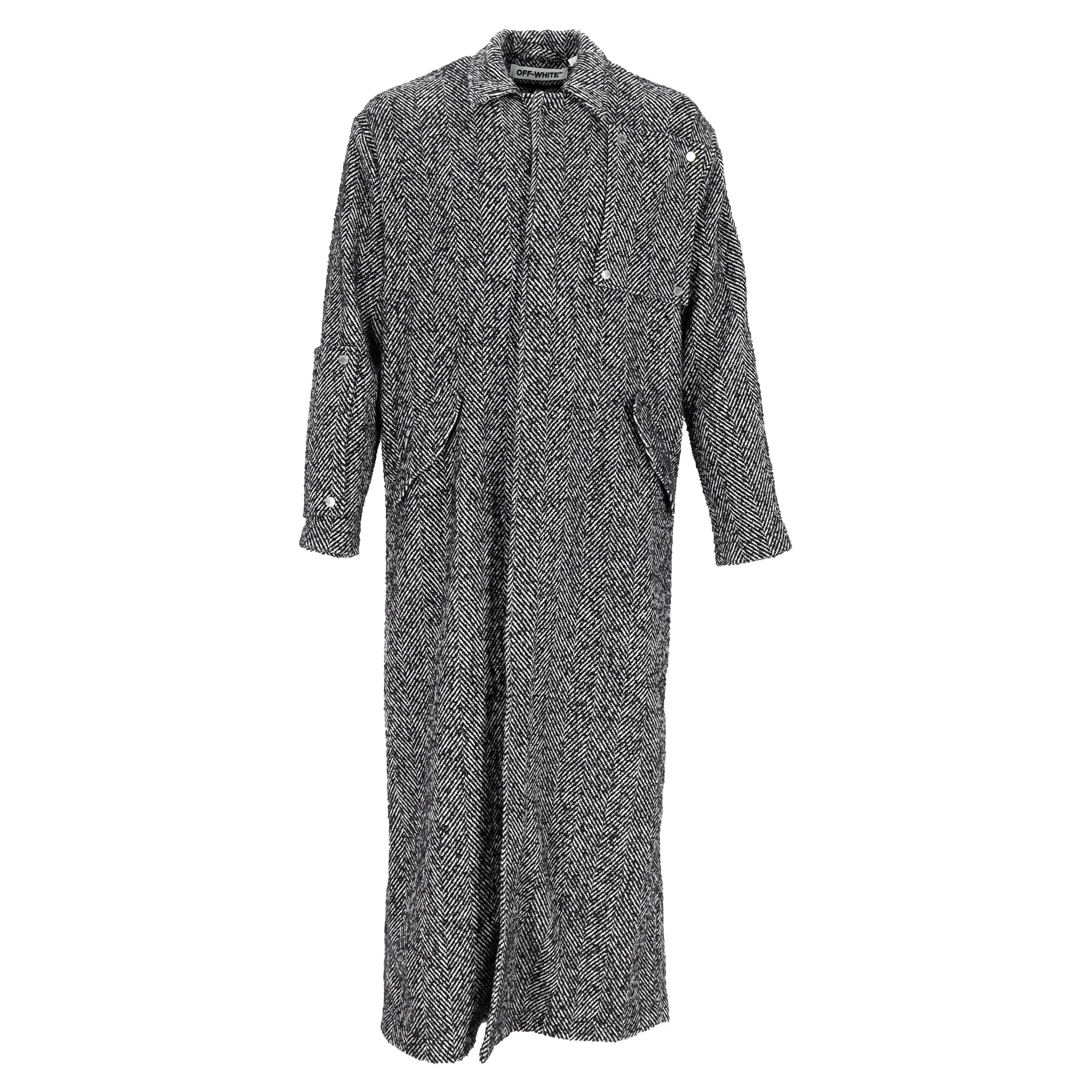 Off-White Herringbone Midi Coat in Grey Wool