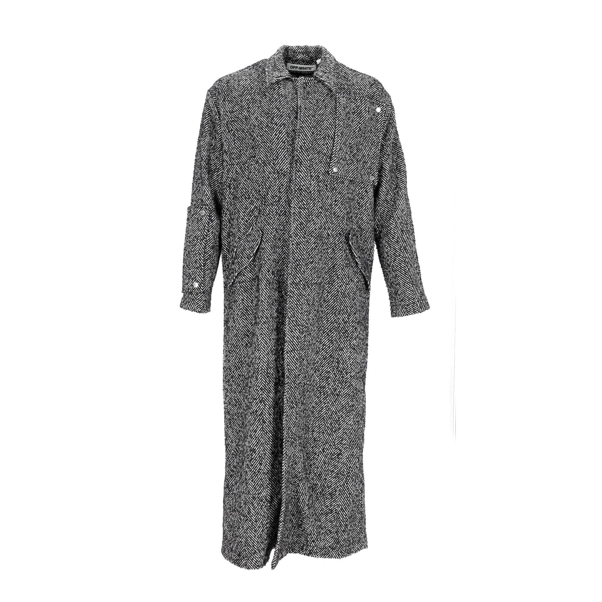 Off-White Herringbone Midi Coat in Grey Wool