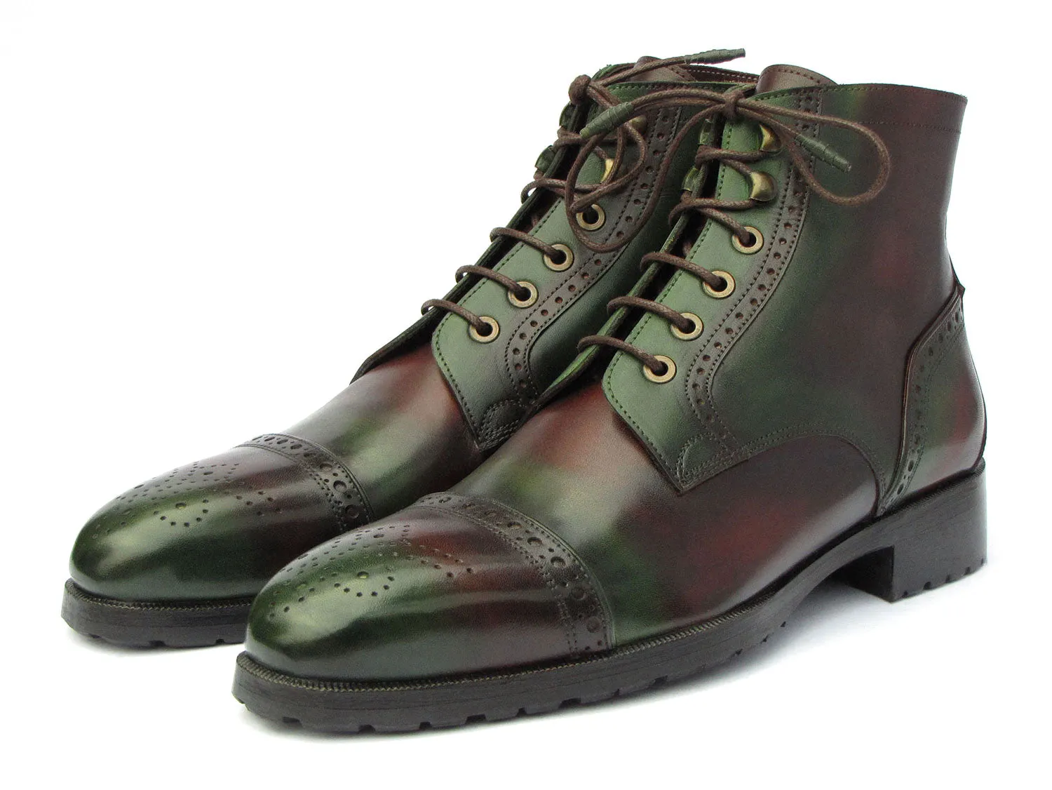 Paul Parkman Shoes Paul Parkman Men's Green & Brown Hand-Painted Cap Toe Boots