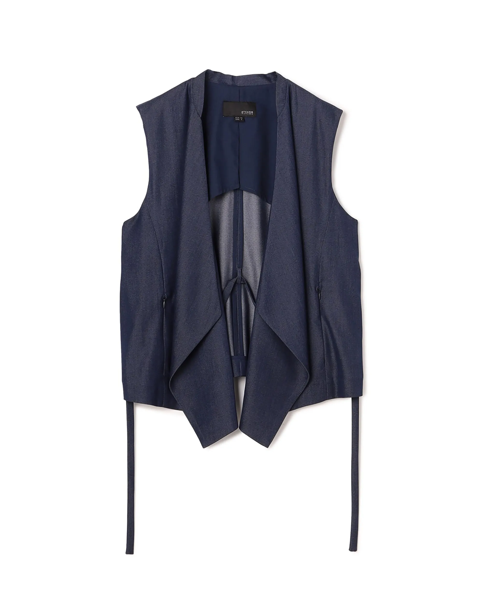 Poly Rayon Denim Like Waterfall Collar Gilet Clothing_Atsuro-Tayama