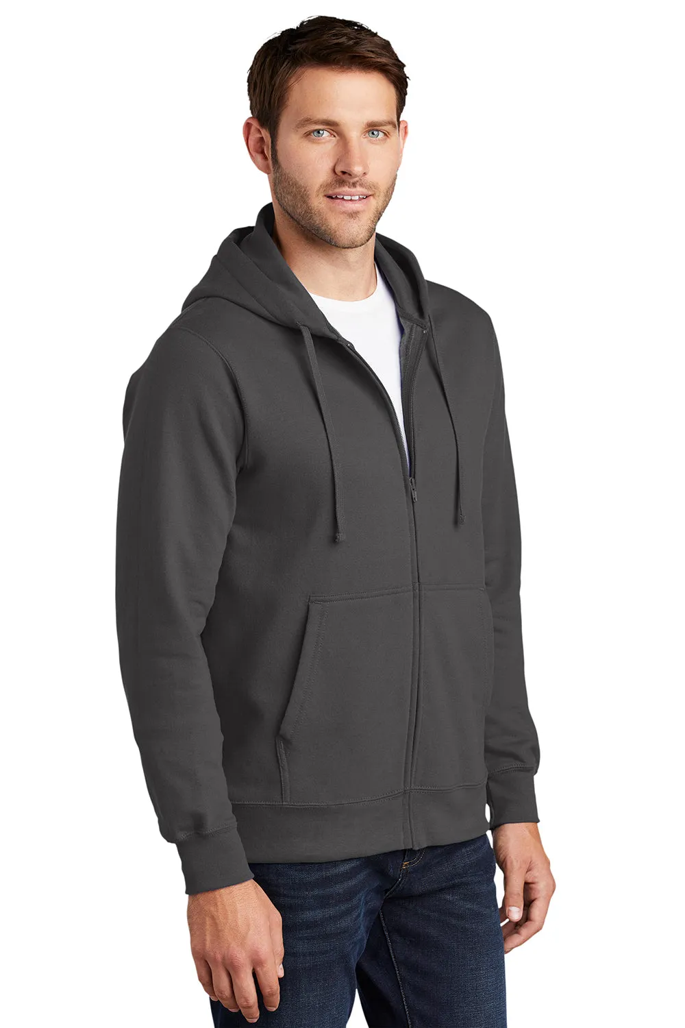 Port & Company Mens Fan Favorite Fleece Full Zip Hooded Sweatshirt Hoodie w/ Pockets - Charcoal Grey