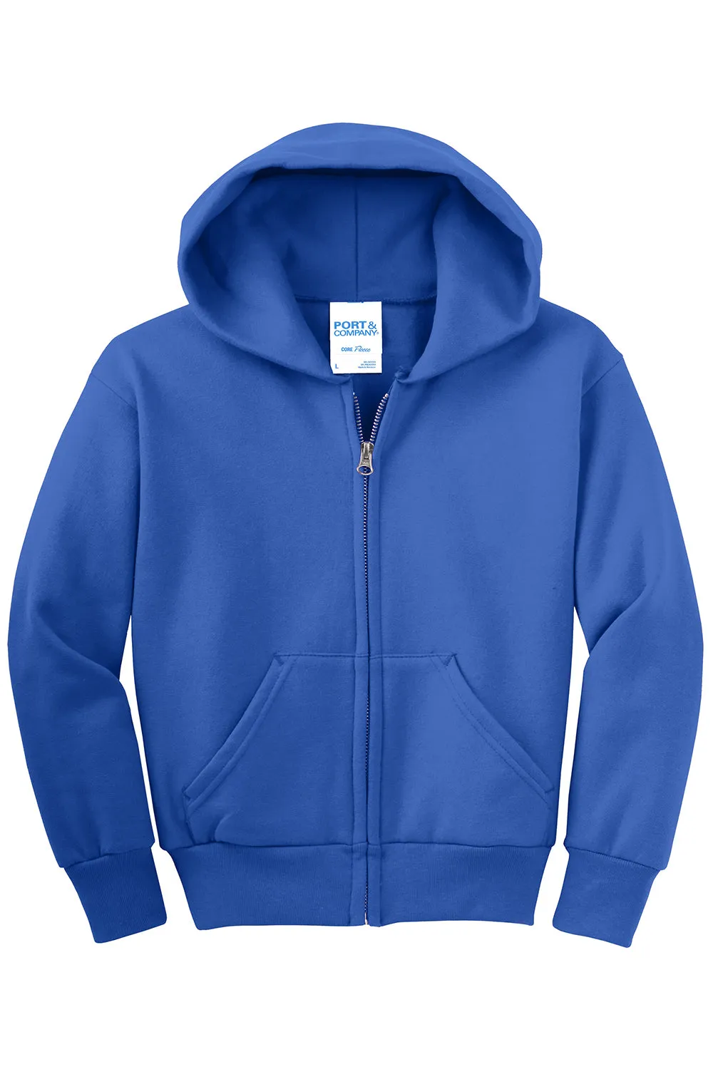 Port & Company Youth Core Pill Resistant Fleece Full Zip Hooded Sweatshirt Hoodie w/ Pockets - Royal Blue