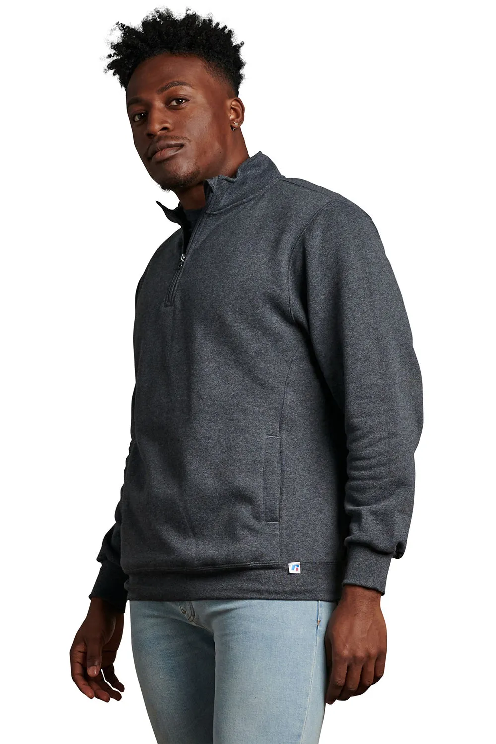 Russell Athletic Mens Dri-Power Moisture Wicking Fleece 1/4 Zip Sweatshirt w/ Pockets - Heather Black
