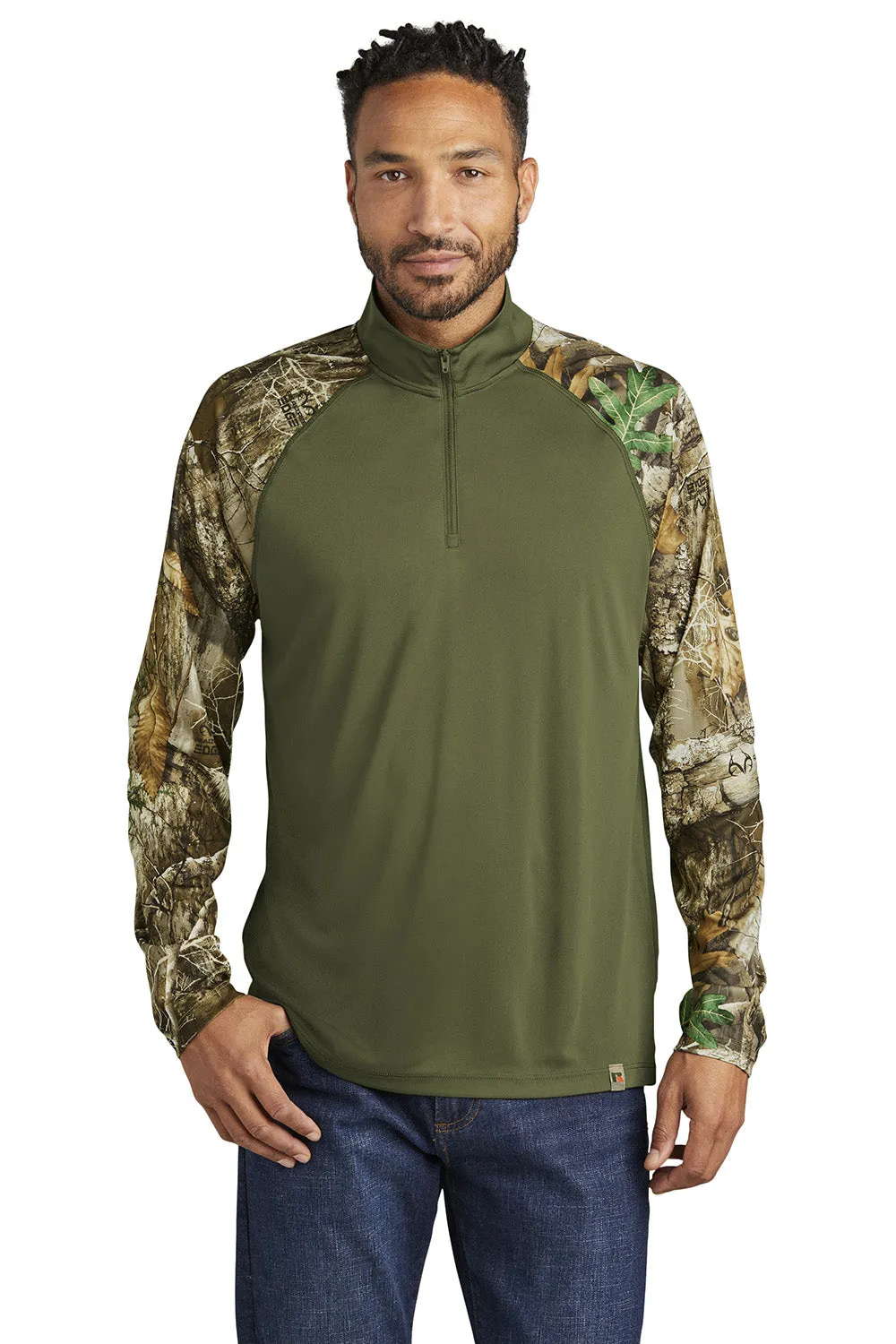 Russell Outdoors Mens Realtree Colorblock Moisture Wicking 1/4 Zip Sweatshirt - Olive Drab Green/Realtree Edge Camo