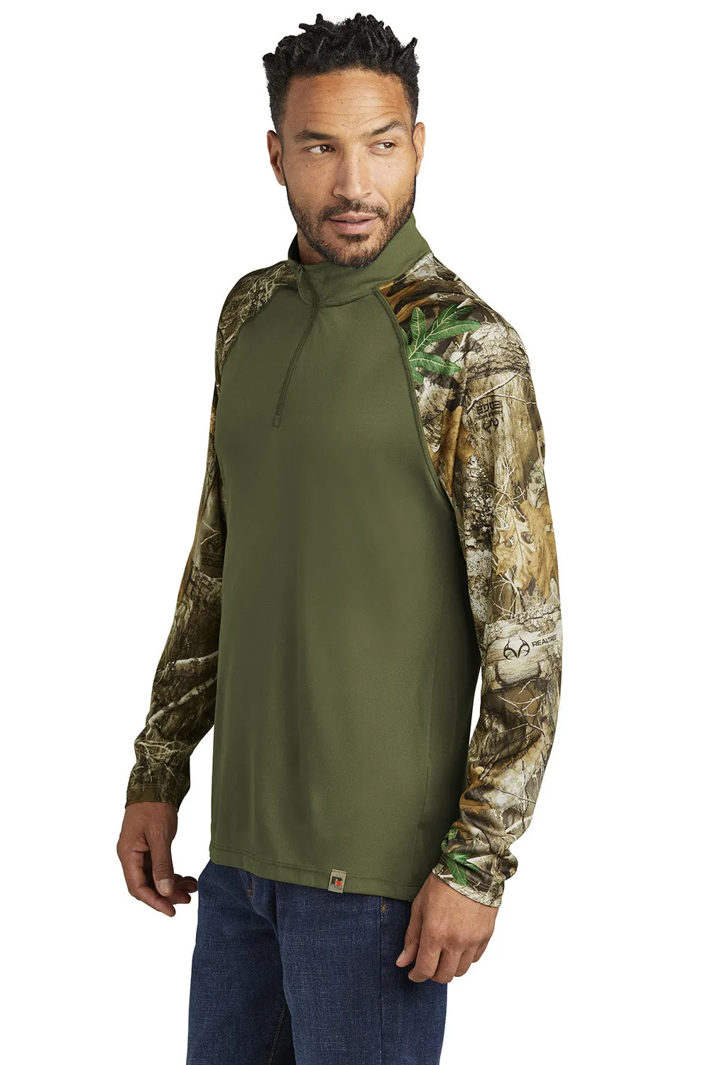 Russell Outdoors Mens Realtree Colorblock Moisture Wicking 1/4 Zip Sweatshirt - Olive Drab Green/Realtree Edge Camo