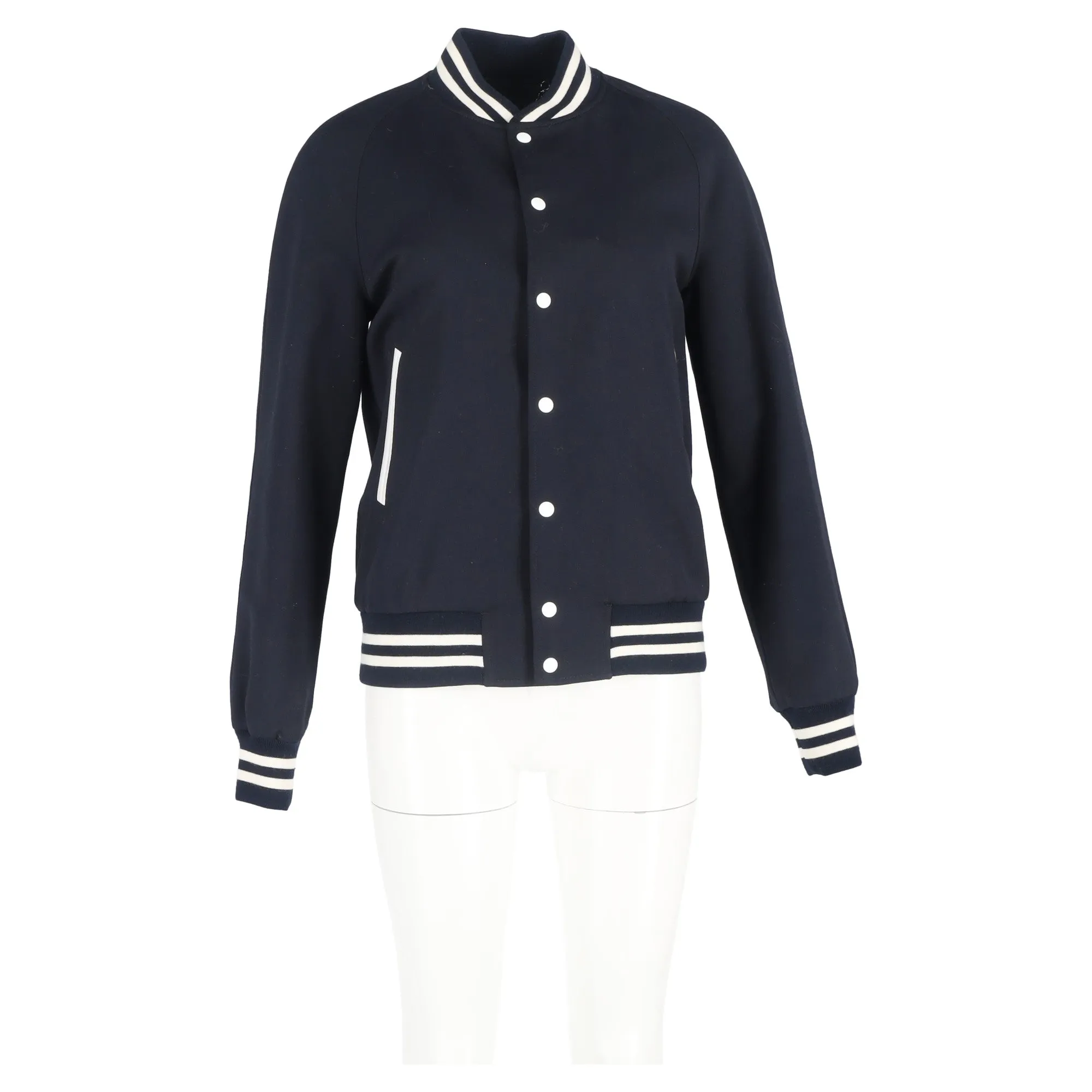 Sandro Paris Striped Varsity Jacket in Navy Blue Polyester