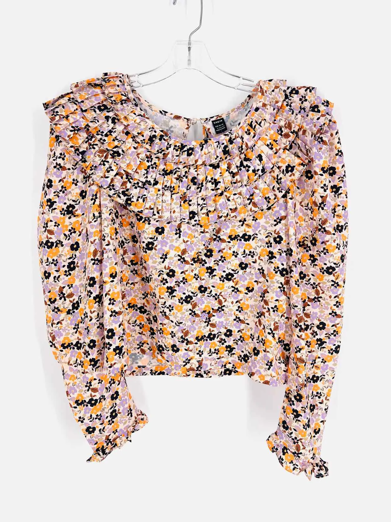 Shein Size 8/10 Beige/Black Floral Pleated Tops Top-Long Sleeve
