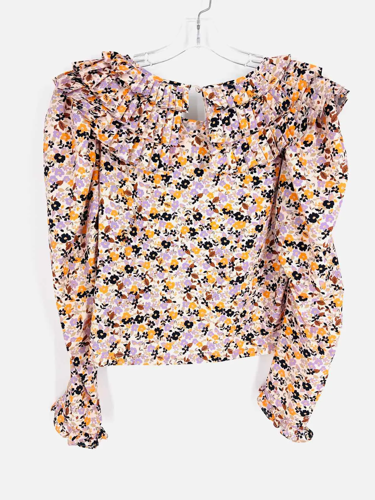 Shein Size 8/10 Beige/Black Floral Pleated Tops Top-Long Sleeve