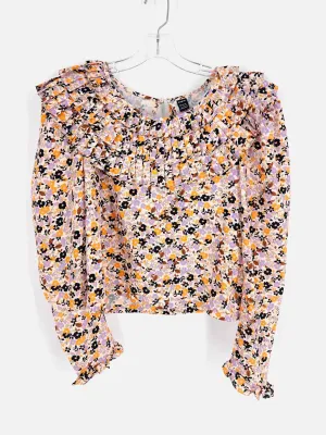 Shein Size 8/10 Beige/Black Floral Pleated Tops Top-Long Sleeve