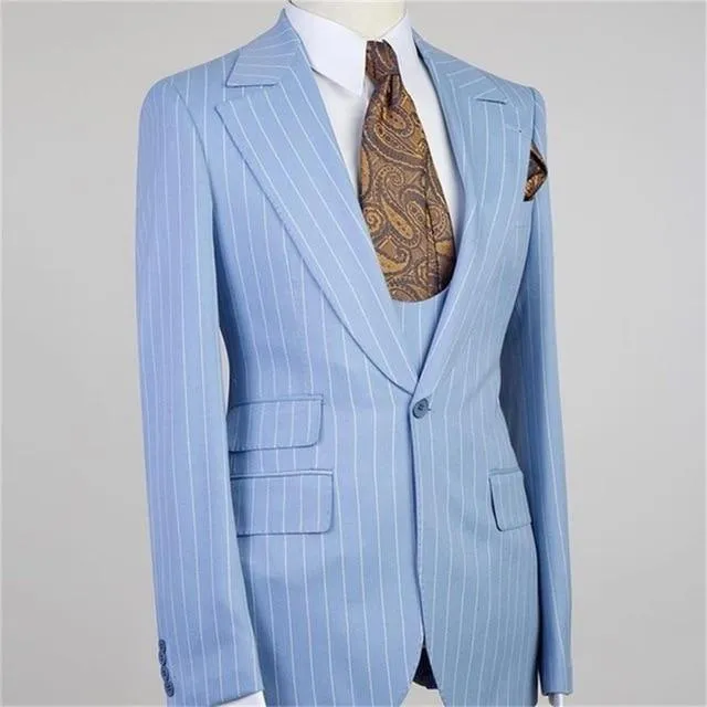 Sky Blue Striped Men's 3-Piece Suits