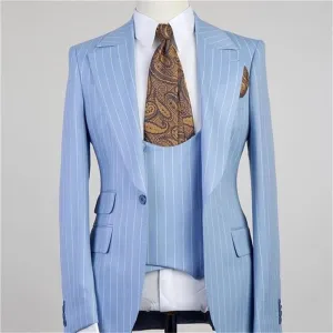 Sky Blue Striped Men's 3-Piece Suits