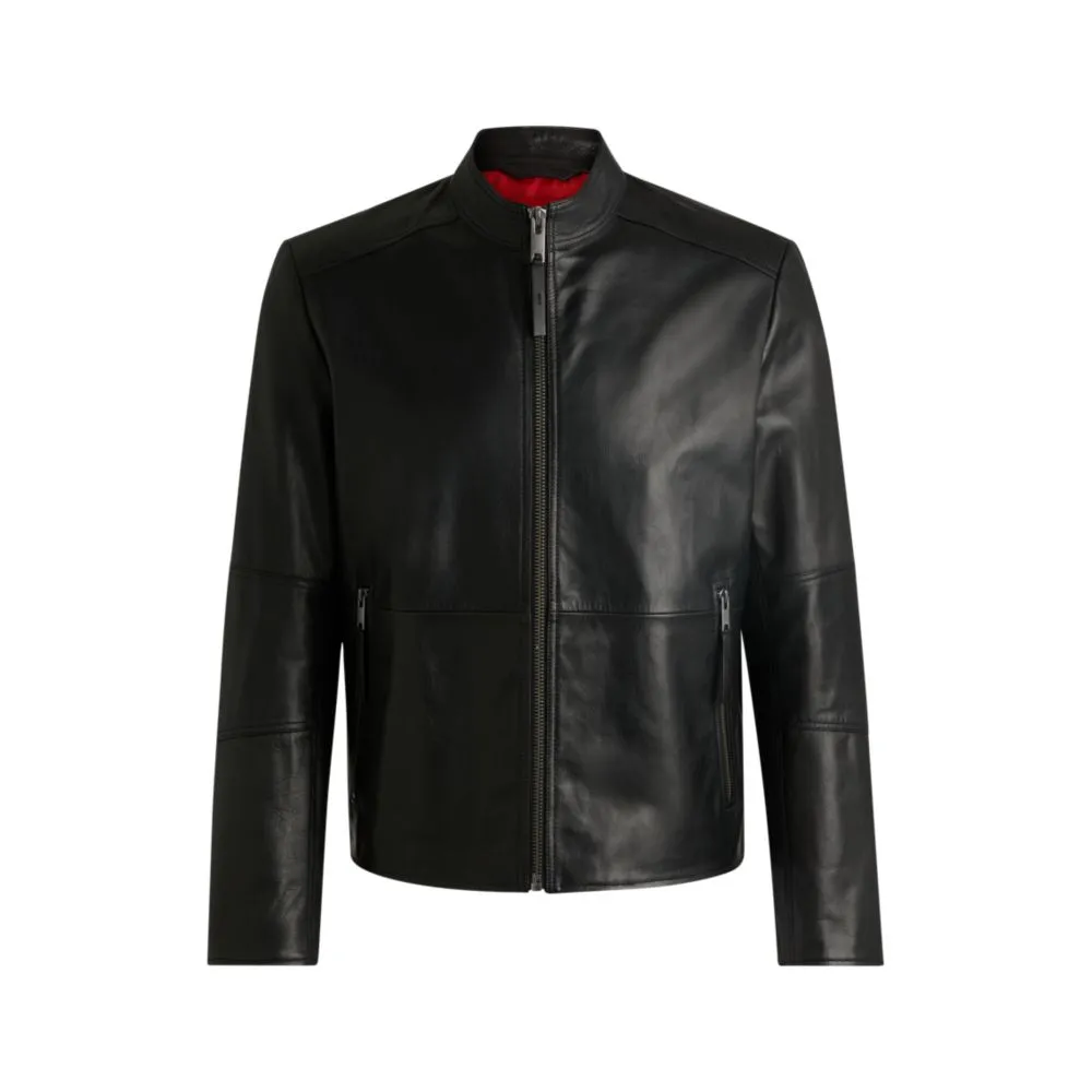 Slim-fit jacket in leather with stand collar