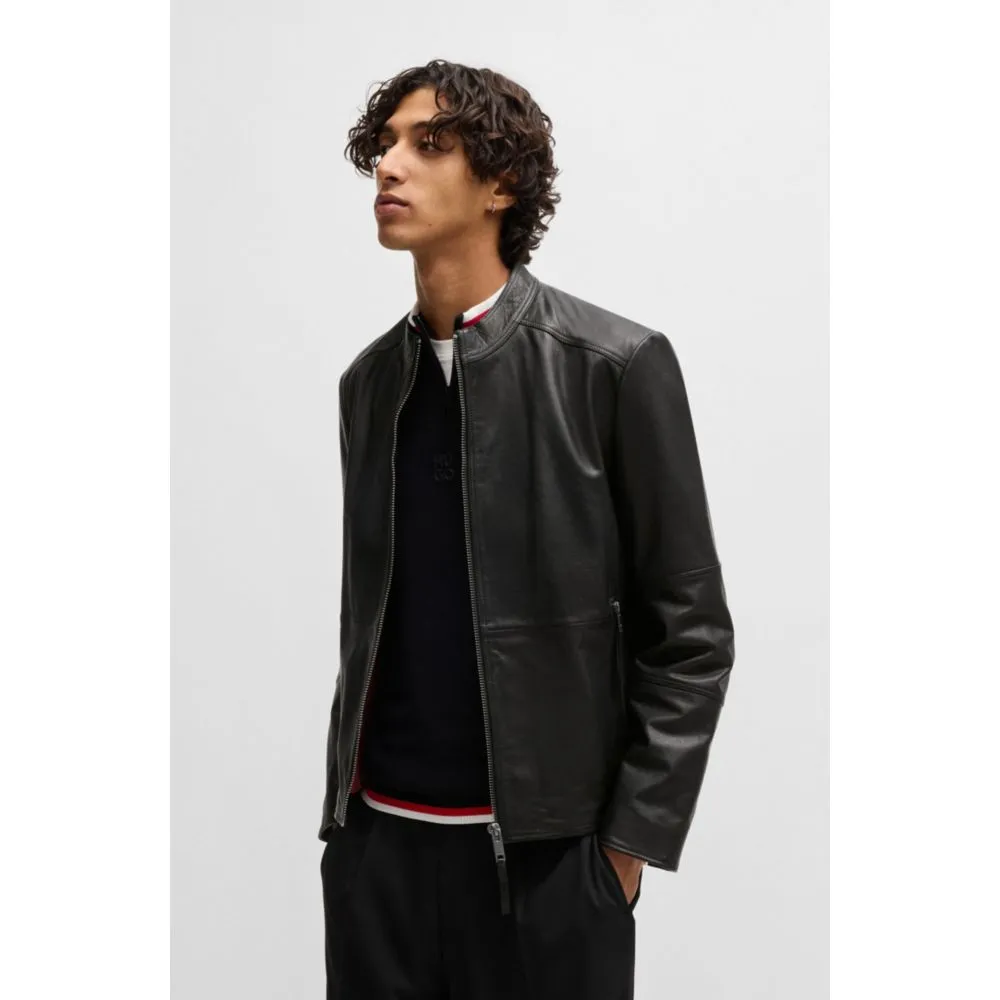 Slim-fit jacket in leather with stand collar