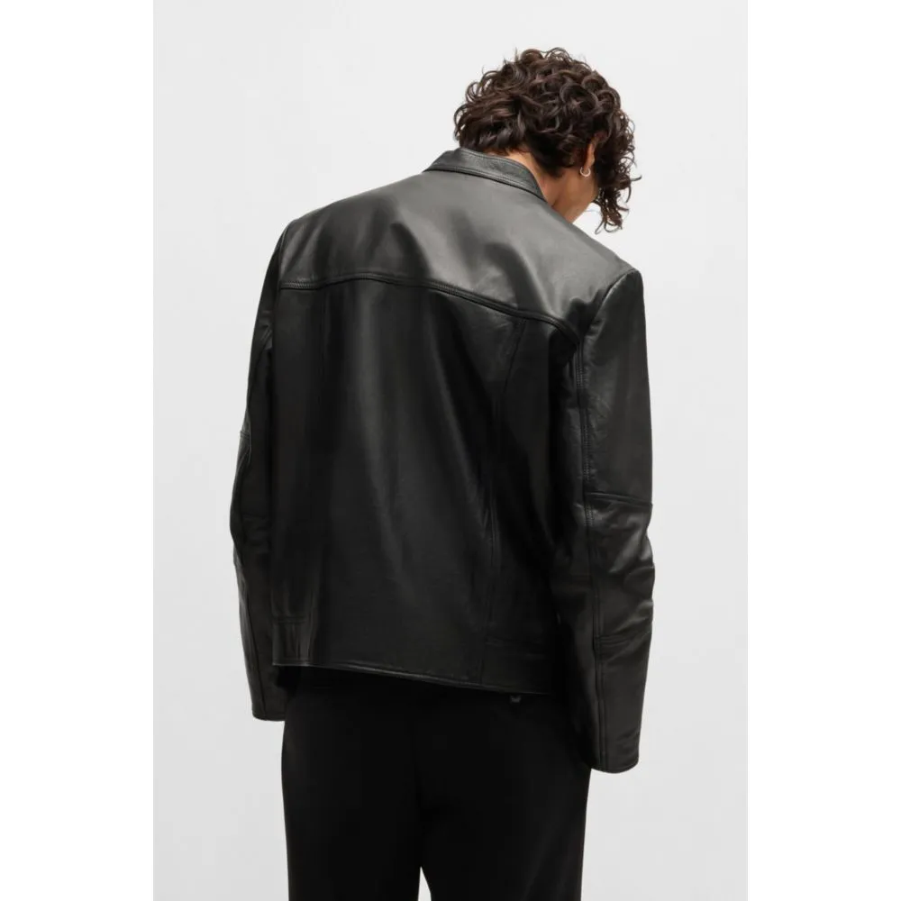 Slim-fit jacket in leather with stand collar