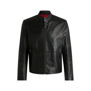 Slim-fit jacket in leather with stand collar