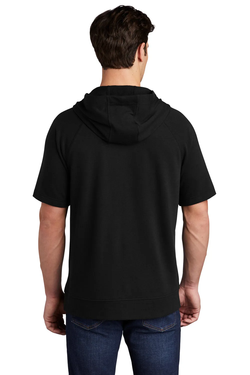 Sport-Tek Mens Moisture Wicking Fleece Short Sleeve Hooded Sweatshirt Hoodie w/ Pouch Pocket - Black - Closeout