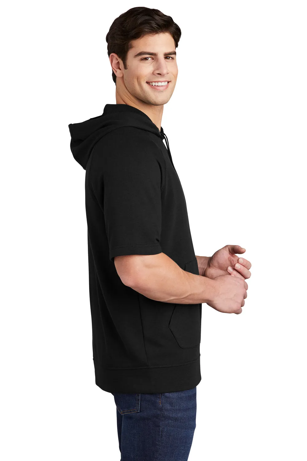 Sport-Tek Mens Moisture Wicking Fleece Short Sleeve Hooded Sweatshirt Hoodie w/ Pouch Pocket - Black - Closeout