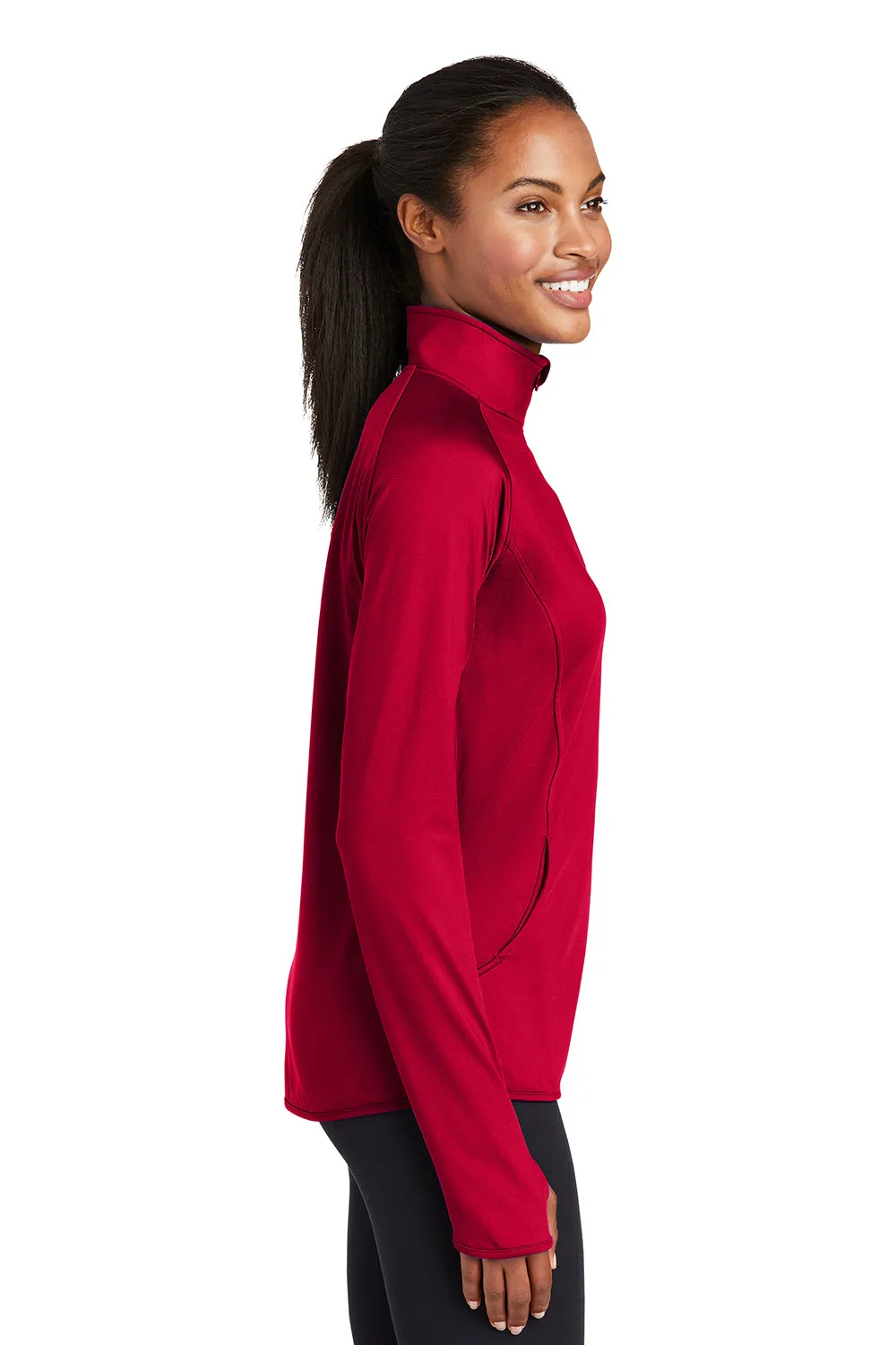 Sport-Tek Womens Sport-Wick Moisture Wicking 1/4 Zip Sweatshirt w/ Pouch Pocket - Deep Red