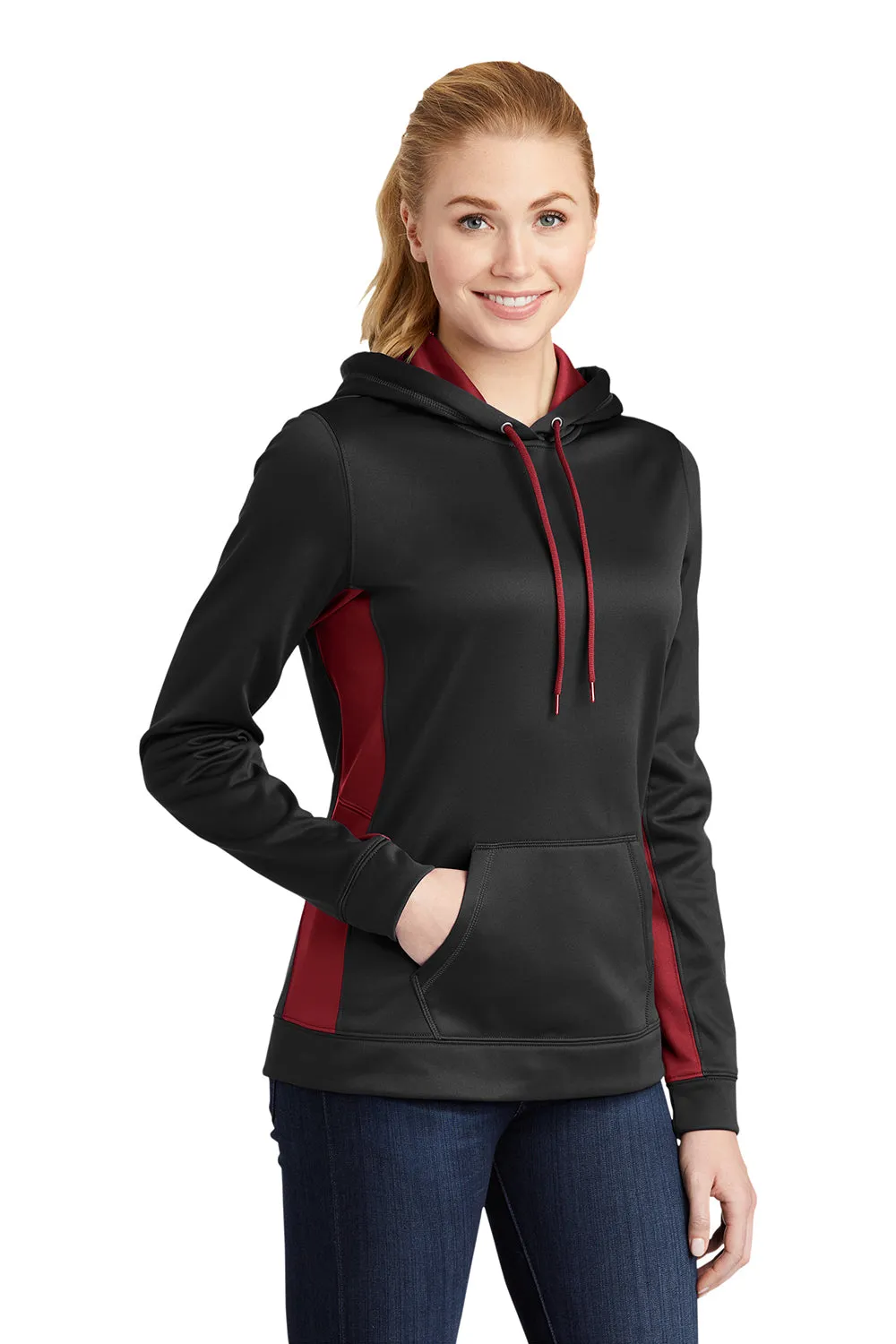Sport-Tek Womens Sport-Wick Moisture Wicking Fleece Hooded Sweatshirt Hoodie w/ Pouch Pocket - Black/Deep Red - Closeout