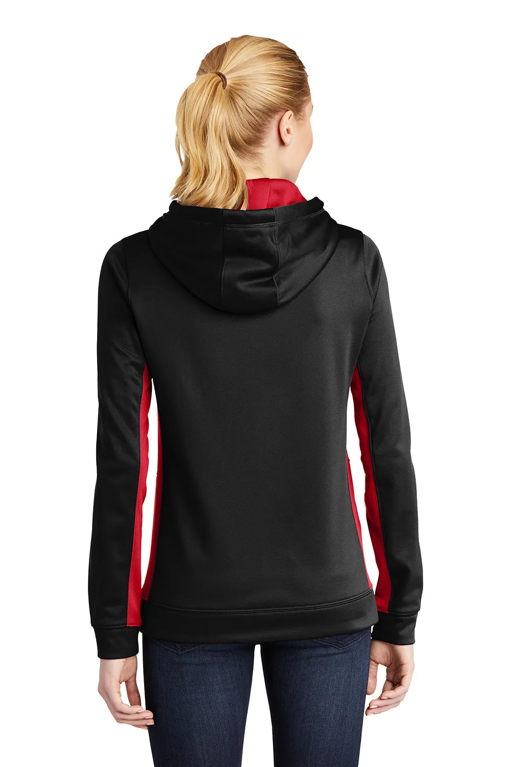 Sport-Tek Womens Sport-Wick Moisture Wicking Fleece Hooded Sweatshirt Hoodie w/ Pouch Pocket - Black/Deep Red - Closeout