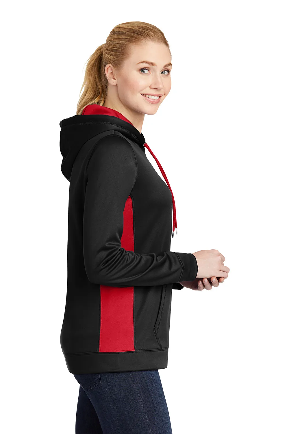 Sport-Tek Womens Sport-Wick Moisture Wicking Fleece Hooded Sweatshirt Hoodie w/ Pouch Pocket - Black/Deep Red - Closeout