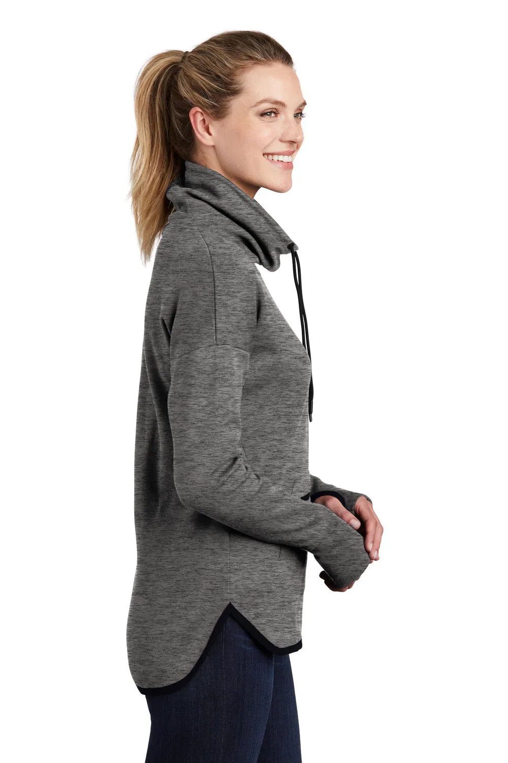 Sport-Tek Womens Triumph Fleece Cowl Neck Sweatshirt w/ Pocket - Heather Dark Grey