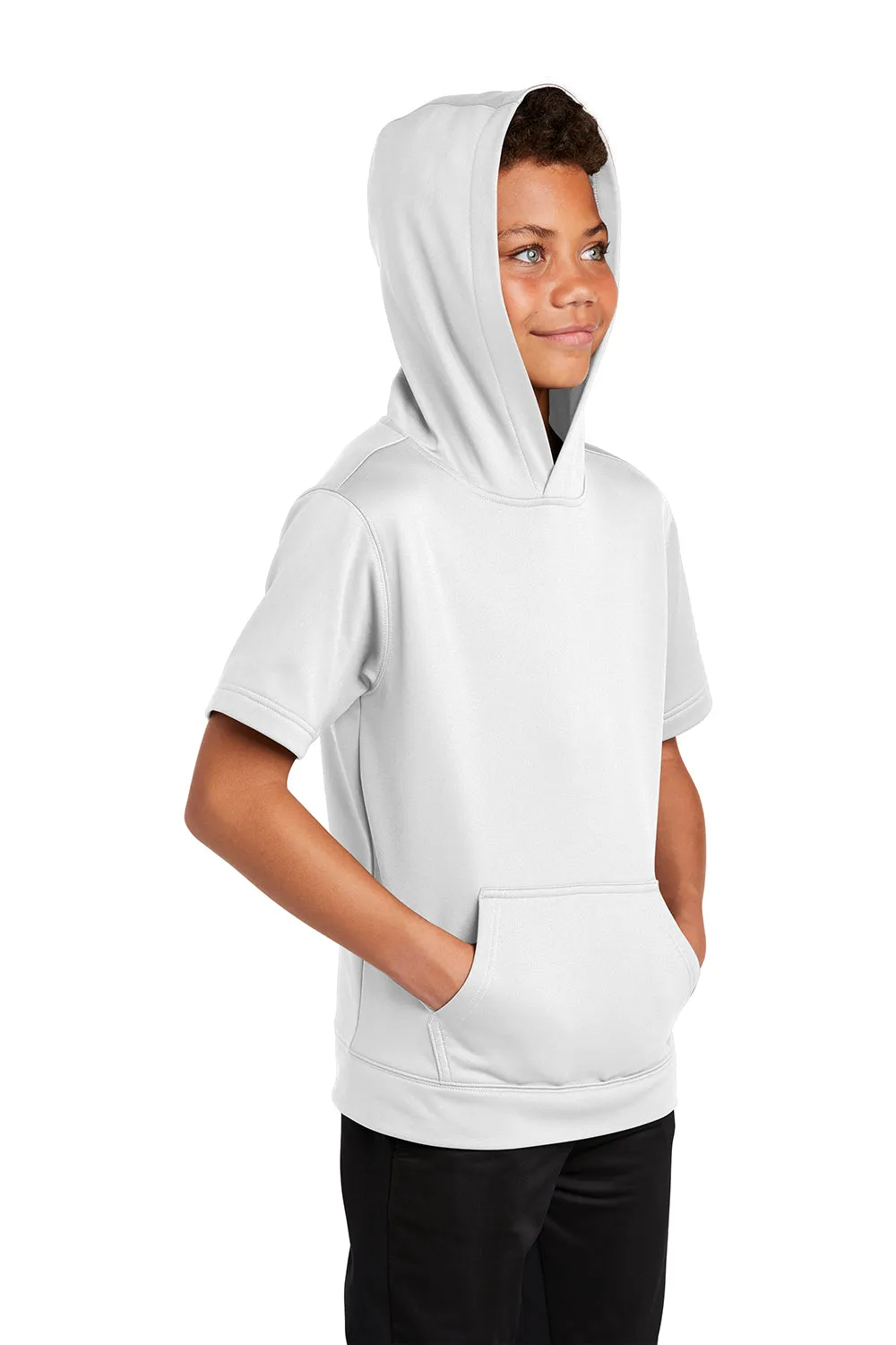 Sport-Tek Youth Fleece Moisture Wicking Short Sleeve Hooded Sweatshirt Hoodie w/ Pouch Pocket - White