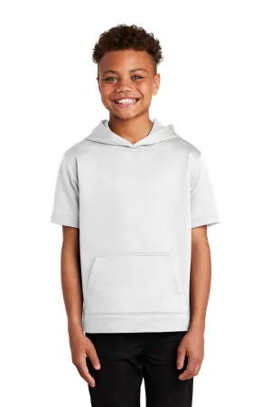 Sport-Tek Youth Fleece Moisture Wicking Short Sleeve Hooded Sweatshirt Hoodie w/ Pouch Pocket - White