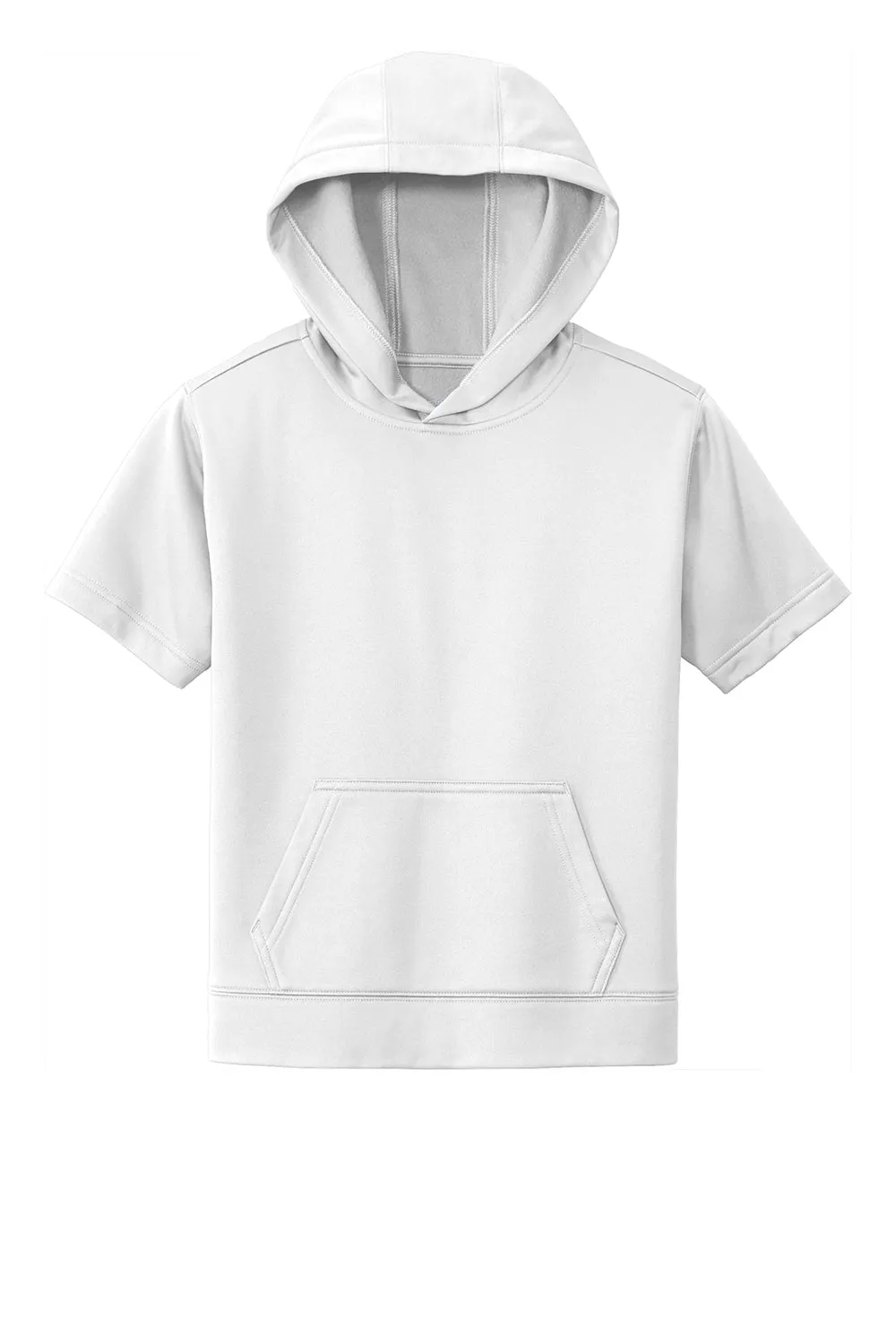 Sport-Tek Youth Fleece Moisture Wicking Short Sleeve Hooded Sweatshirt Hoodie w/ Pouch Pocket - White