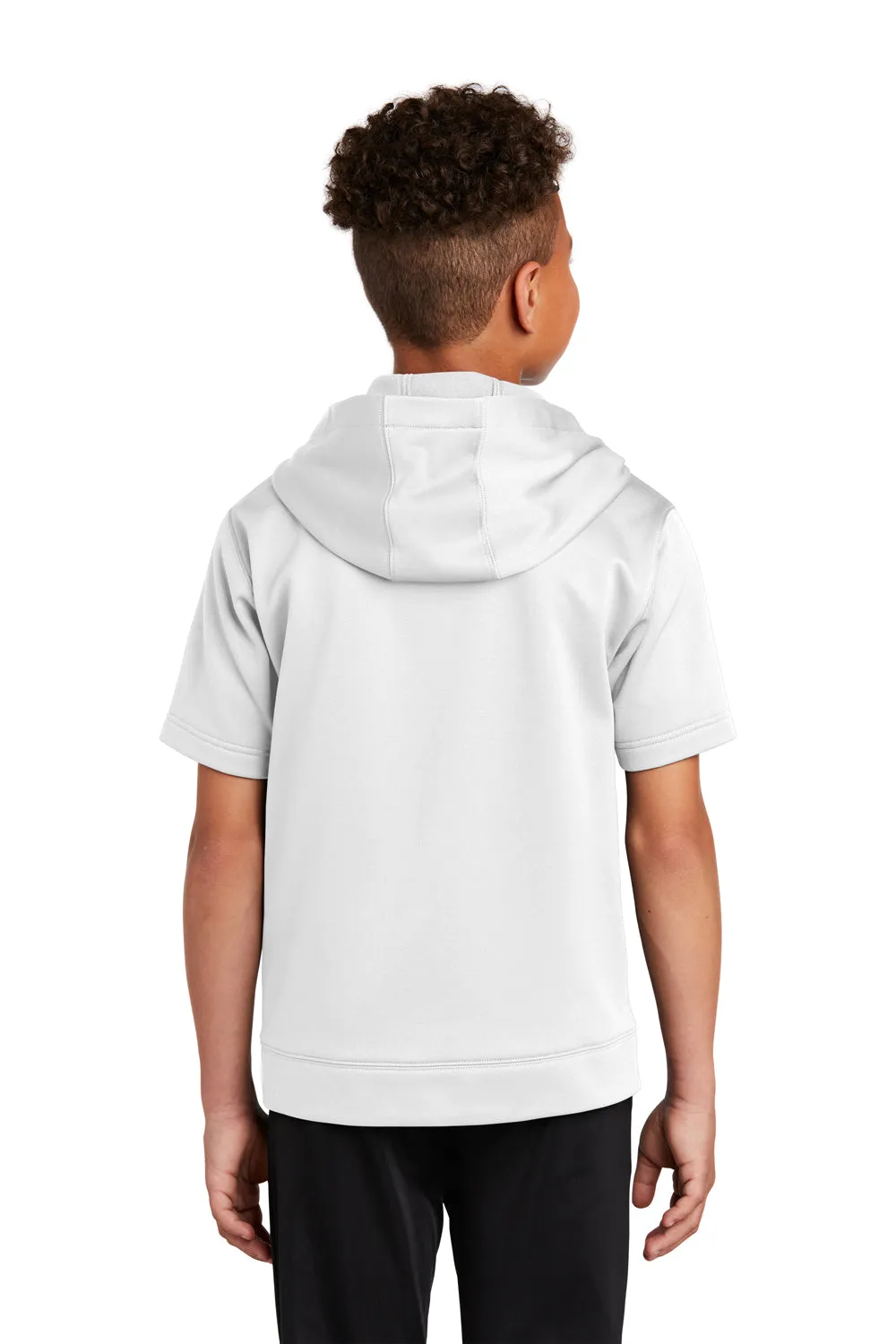 Sport-Tek Youth Fleece Moisture Wicking Short Sleeve Hooded Sweatshirt Hoodie w/ Pouch Pocket - White