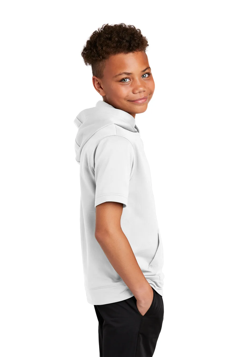 Sport-Tek Youth Fleece Moisture Wicking Short Sleeve Hooded Sweatshirt Hoodie w/ Pouch Pocket - White