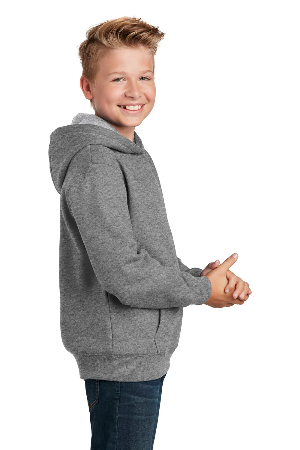 Sport-Tek Youth Shrink Resistant Fleece Hooded Sweatshirt Hoodie w/ Pouch Pocket - Heather Vintage Grey