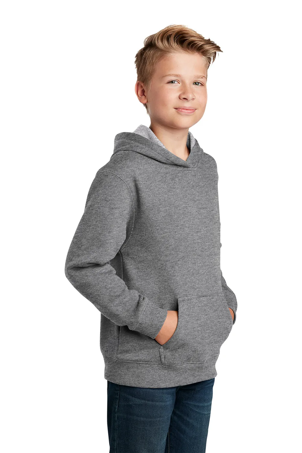 Sport-Tek Youth Shrink Resistant Fleece Hooded Sweatshirt Hoodie w/ Pouch Pocket - Heather Vintage Grey