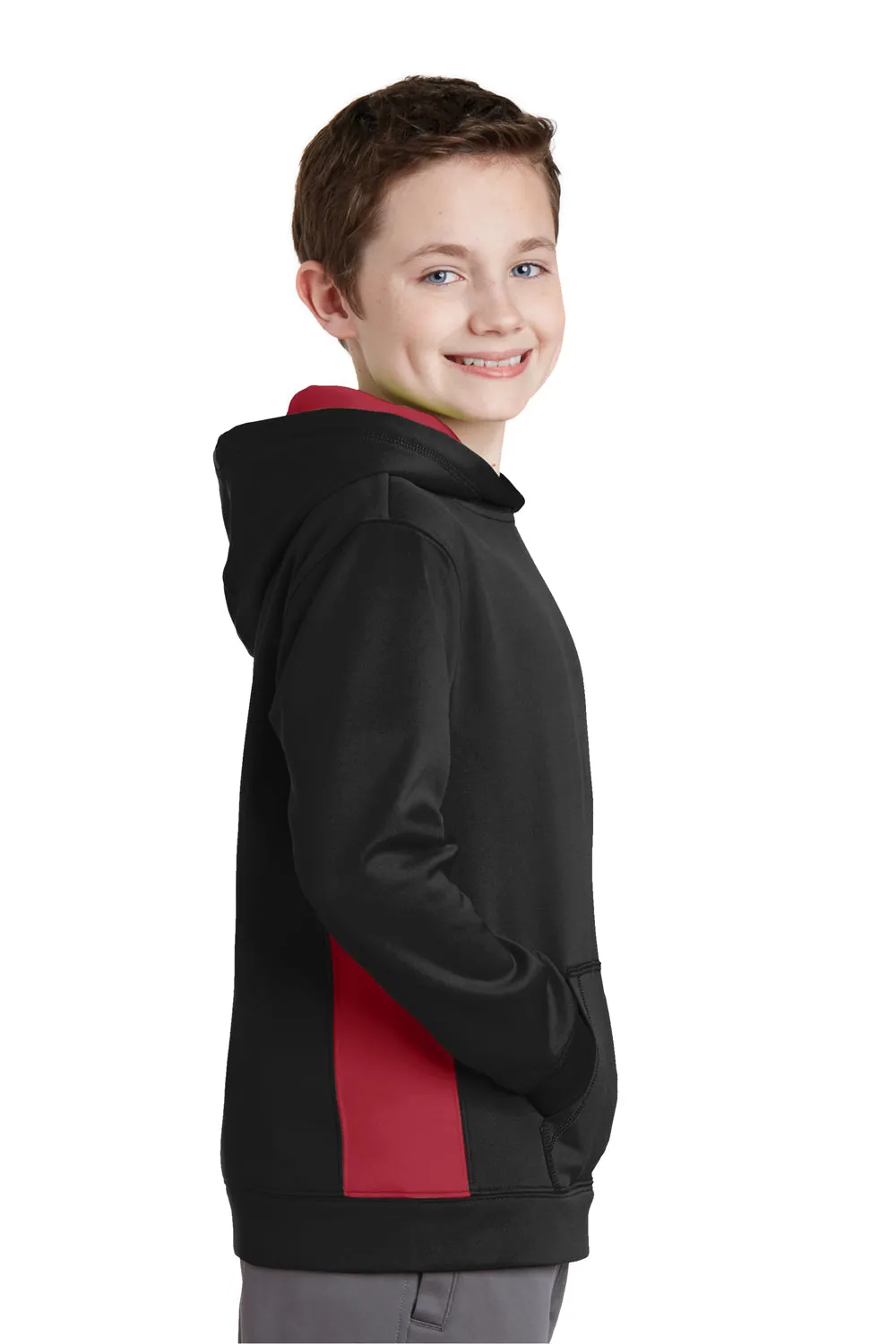 Sport-Tek Youth Sport-Wick Moisture Wicking Fleece Hooded Sweatshirt Hoodie w/ Pouch Pocket - Black/Deep Red