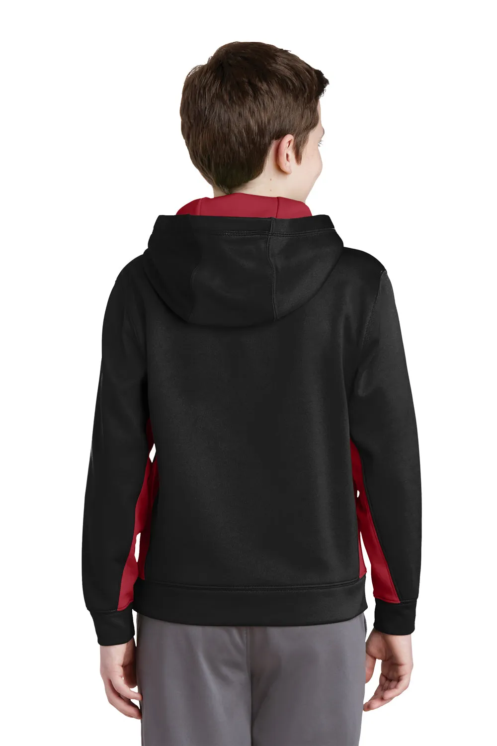 Sport-Tek Youth Sport-Wick Moisture Wicking Fleece Hooded Sweatshirt Hoodie w/ Pouch Pocket - Black/Deep Red