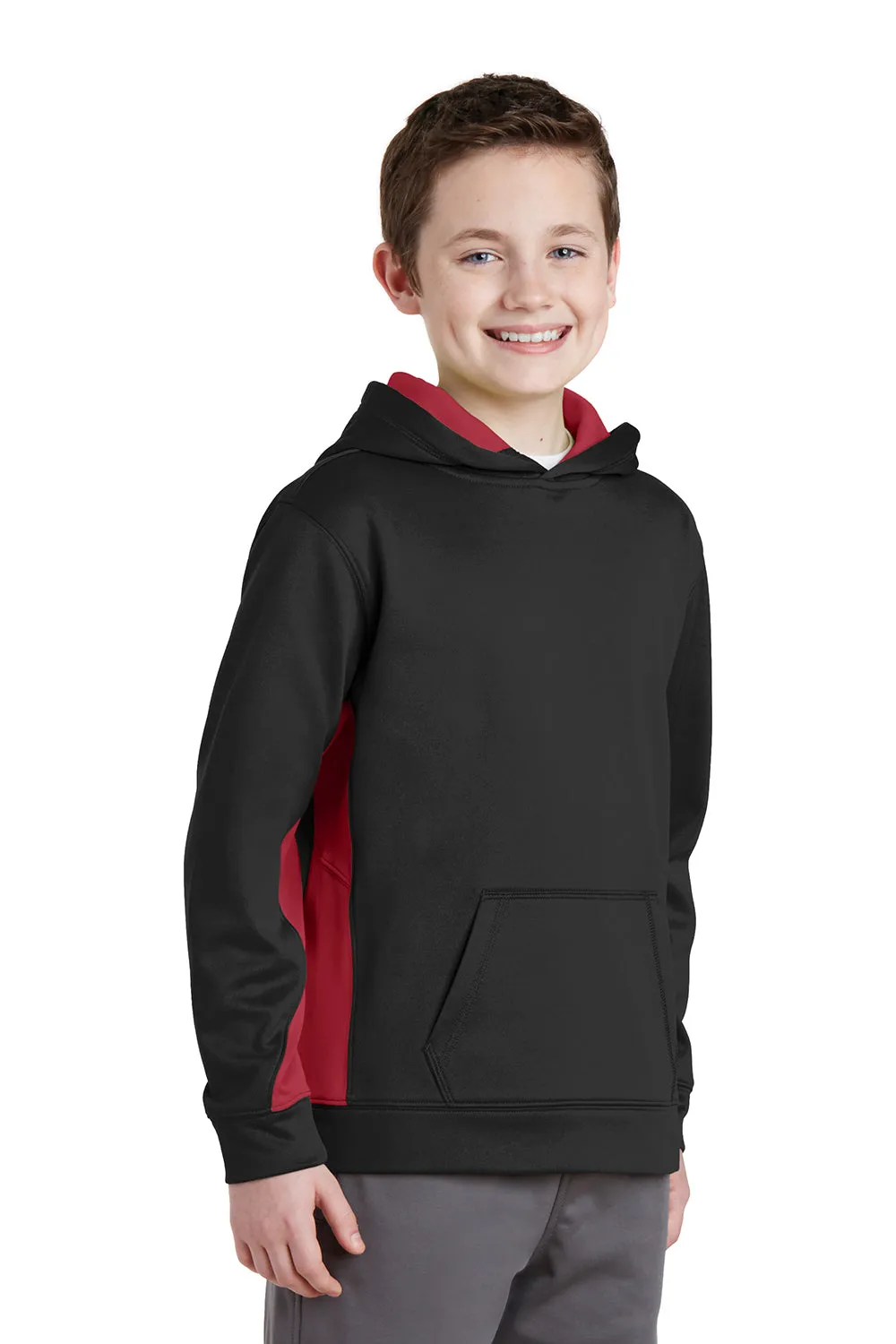 Sport-Tek Youth Sport-Wick Moisture Wicking Fleece Hooded Sweatshirt Hoodie w/ Pouch Pocket - Black/Deep Red
