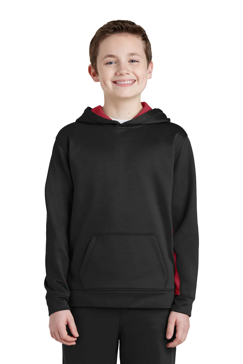Sport-Tek Youth Sport-Wick Moisture Wicking Fleece Hooded Sweatshirt Hoodie w/ Pouch Pocket - Black/Deep Red