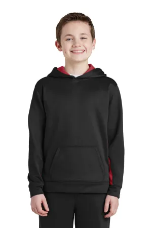 Sport-Tek Youth Sport-Wick Moisture Wicking Fleece Hooded Sweatshirt Hoodie w/ Pouch Pocket - Black/Deep Red