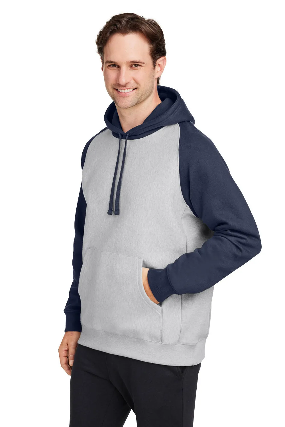 Team 365 Mens Zone HydroSport Water Resistant Colorblock Hooded Sweatshirt Hoodie w/ Pouch Pocket - Heather Grey/Dark Navy Blue