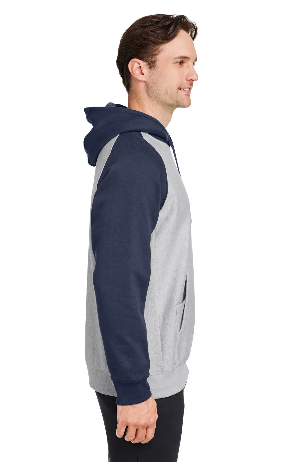 Team 365 Mens Zone HydroSport Water Resistant Colorblock Hooded Sweatshirt Hoodie w/ Pouch Pocket - Heather Grey/Dark Navy Blue