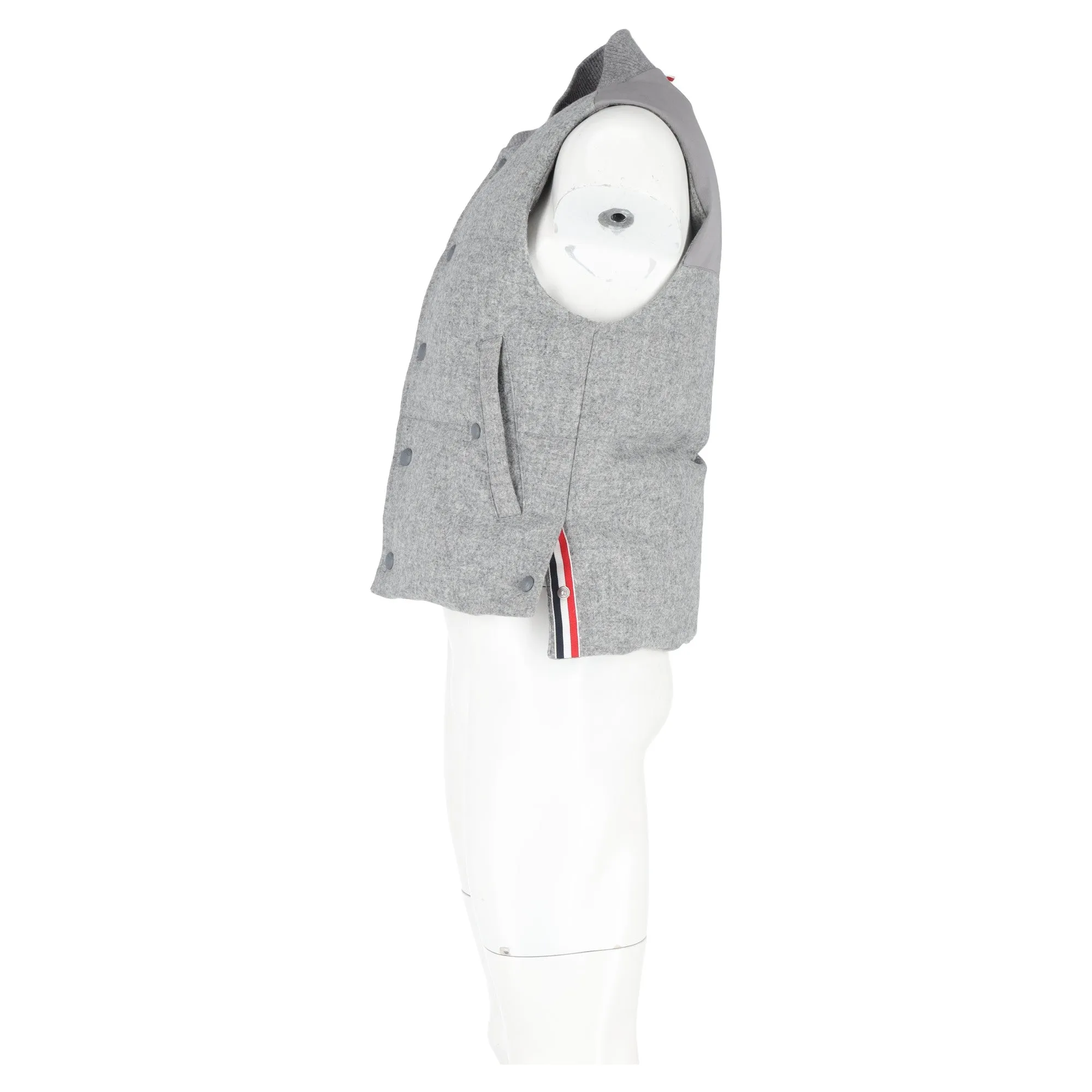 Thom Browne Light Grey Down Filled Shetland Snap Front Vest in Grey Wool