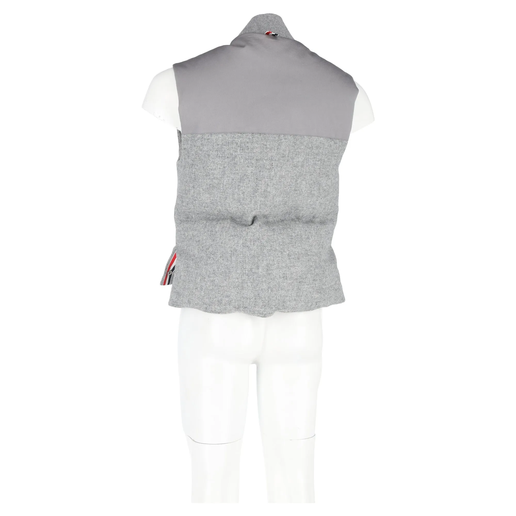 Thom Browne Light Grey Down Filled Shetland Snap Front Vest in Grey Wool