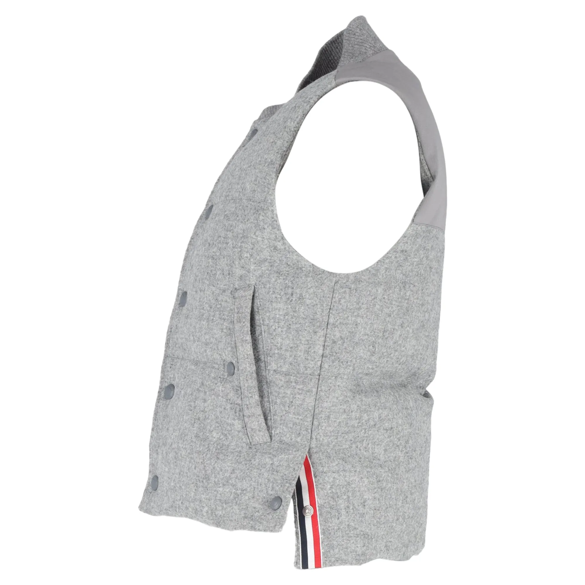 Thom Browne Light Grey Down Filled Shetland Snap Front Vest in Grey Wool