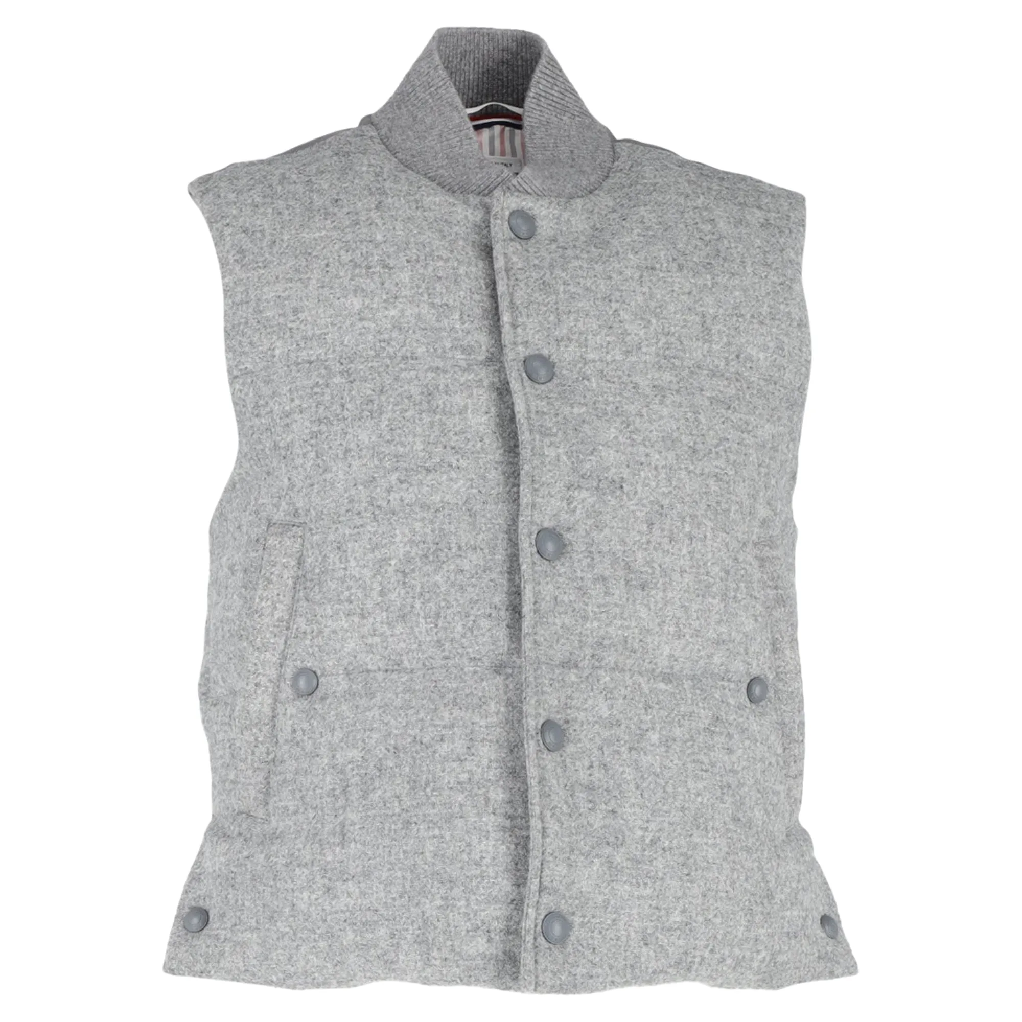 Thom Browne Light Grey Down Filled Shetland Snap Front Vest in Grey Wool