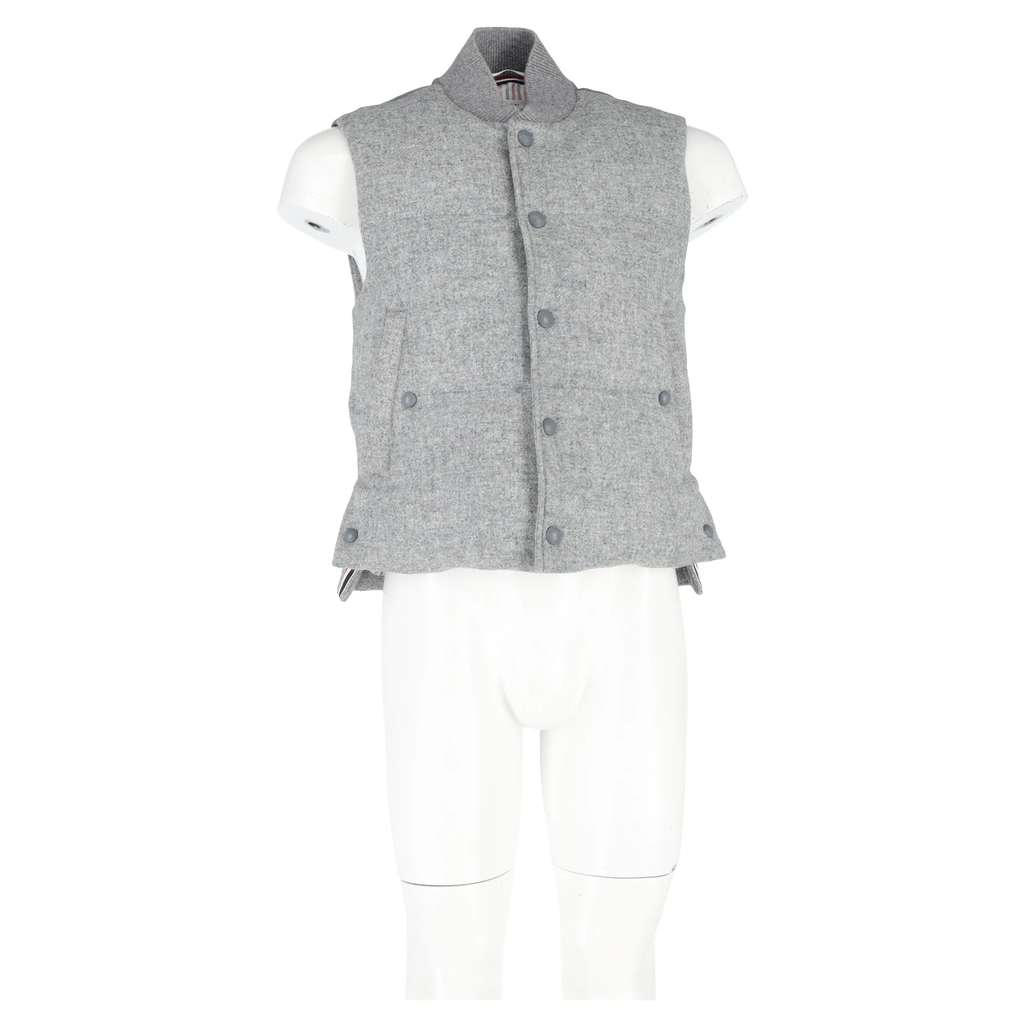 Thom Browne Light Grey Down Filled Shetland Snap Front Vest in Grey Wool