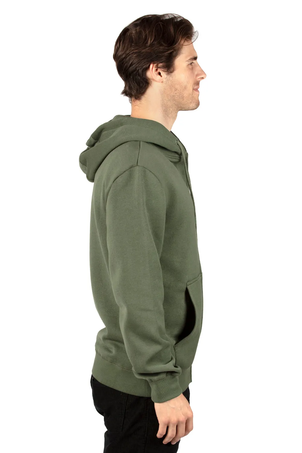 Threadfast Apparel Mens Ultimate Fleece Full Zip Hooded Sweatshirt Hoodie w/ Pockets - Army Green