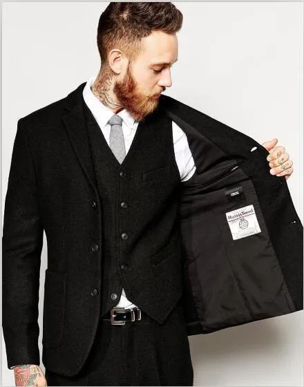 Tweed Men Suit Slim Fit 3 Piece Suit Black